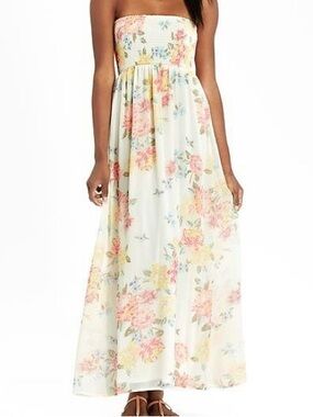 Old Navy Cream Strapless Smocked Floral Maxi Dress
